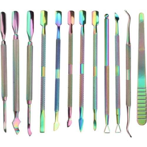 12pcs/set Rainbow Stainless Steel Nail Cuticle Pusher Nail Art Files Uv Gel Polish Remove Manicure Care Groove Clean Tool Hot