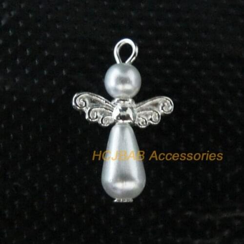 30Pcs Silver Plated Wings White Beads Dancing Angel Charms Pendants 14x21mm