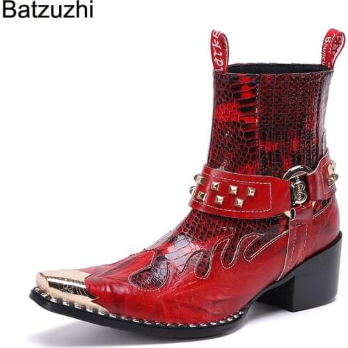 Batzuzhi Western Cowboy Mens Boots Pointed Toe Iron Head Rock Genuine Leather Ankle Boots Men Red Riding/Motorcycle Party Botas