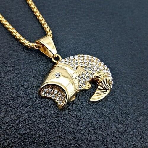 Hip Hop Chain Men big Fish Bone Statement Pendant Necklaces with zircon Gold Color Stainless Steel Fishing Hippie Kpop Jewelry