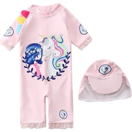 Childrens Swimwear Girls One-Piece Swimwear Middle and Small Kids Deep Pink Sleeve Sunscreen Baby Baby Swimwear XYY-50