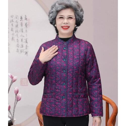 Middle-Aged Elderly Mothers Cotton Coats Lightweight Women Autumn Winter Coat Short Print Quilted Warm Jacket Parker Outerwear