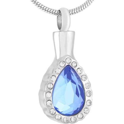 IJD9440 Inlay Teardrop Shape Crystal Cremation Urn Necklace Hold Ashes Keepsake Stainless Steel Water Drop Memorial Jewelry