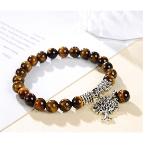 Classic Yellow 8mm Real Tiger Eyes Beads Bracelet Natural Stone Braslet Bangle for Woman Tree of Life Pendant Chain 7.5inch Y954