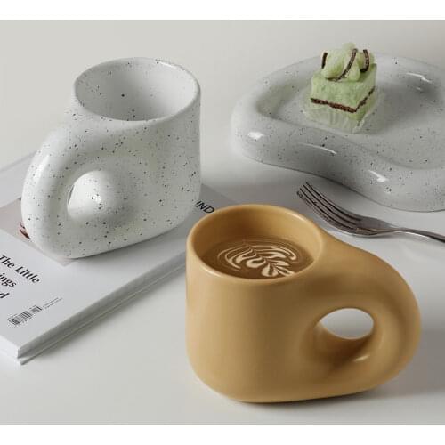 300ml Creative Handmade Fat Handle Mug and Oval Plate Personalized Ceramic Cup Saucer For Coffee Tea Milk Cake Nordic Home Decor