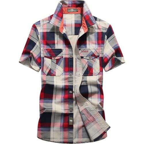 Summer Plaid Shirt Men Military Casual Loose Mens Shirts Camisa Masculina Short Sleeve Tops Camisas Para Hombre Big Size S-4XL