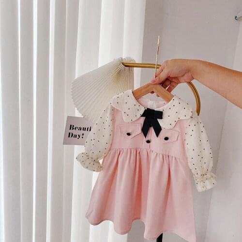 Sweet Autumn Outfits Kids Girls Princess Dress Baby Children Bowtie Long Sleeve Dot Polka Dresses Vestidos ADK104
