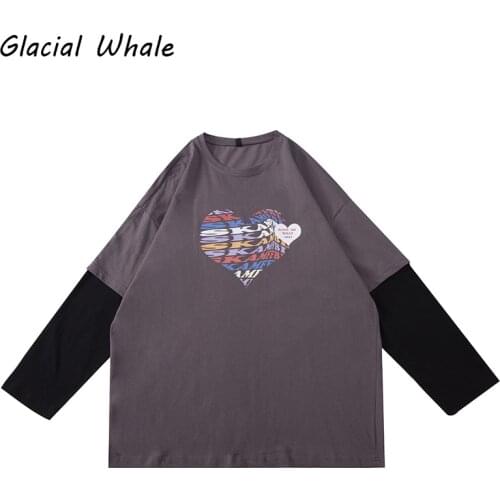 GlacialWhale Long-sleeved Mens New Autumn Fake Two-piece T-shirt Male Hip Hop Japanese Streetwear Clothes Trendy Mens Clothing