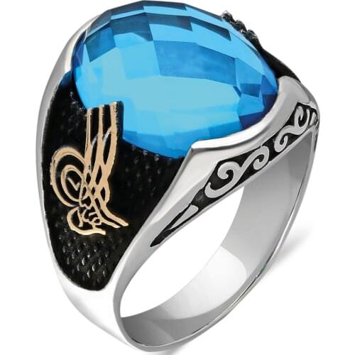 Solid 925 Sterling Silver Ottoman Sultan Tughra Faceted Blue Topaz Stone Mens Ring