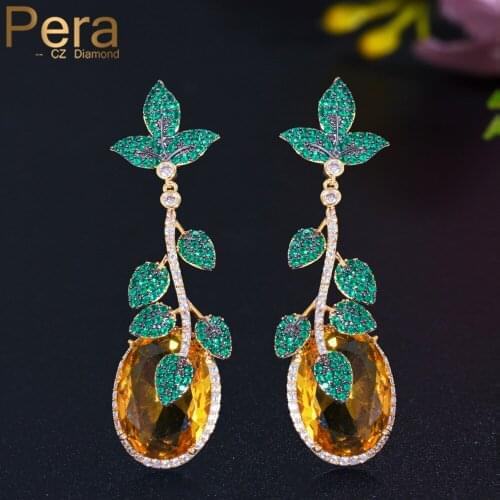 Pera Elegant Dangle Yellow Oval Shape Cubic Zirconia Gold Color Long Green Leaf Drop Earrings for Ladies Boho Party Jewelry E654
