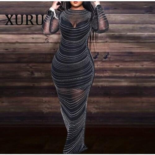 XURU European and American Round Neck Long-sleeved Dress Hot Diamond Sexy Party Dress Suspender Nightclub Dress