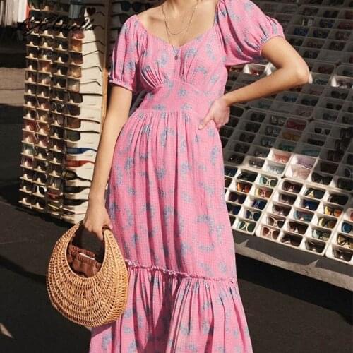 LZEQuella V Neck Print Puff Sleeve High Waist Dress Pink Ruffles Pleated Princess Long Dresses Robe Party Club Vestido NZ3696