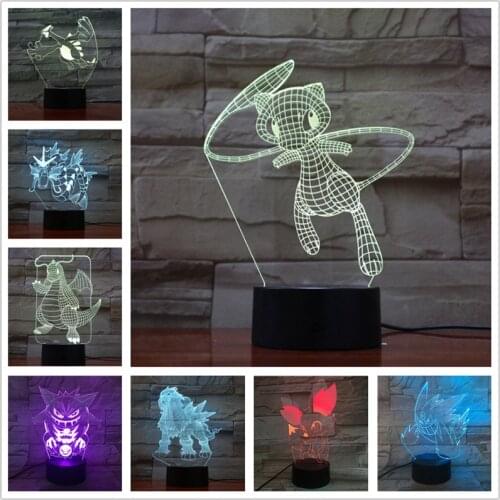 Pokemon 3D Night Light Pikachu LED Lamp Gengar Fennekin Dragonite Ralts Gyarados Tyranitar Takara Tomy Lampara Home Decor Lampe
