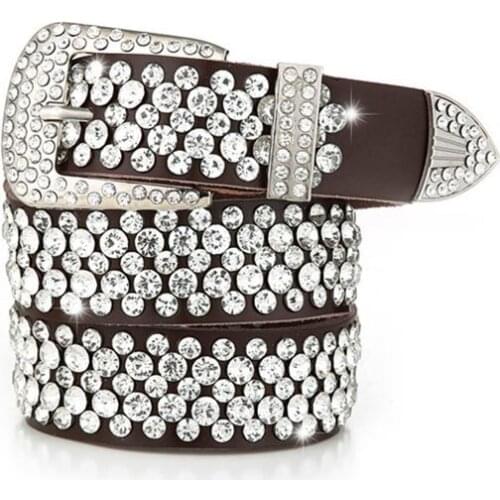 Luxury woman fashion belt 2021 full rhinestone BROWN cowhide Pin buckle wedding dress decoration band femme ceinture cheap gift