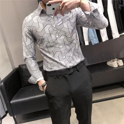 British Style Stylish Print Shirts Men Dress Long Sleeve Fashion 2021 Spring New Business Formal Wear Slim Fit Tuxedo Blouses