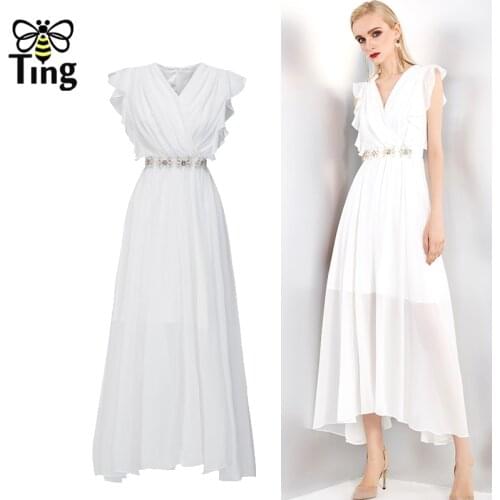 Tingfly Runway Designer Luxury Beading Ruffles White Flowy Chiffon Maxi Long Dress Summer Party Dinner Dresses Elegant Robes Za