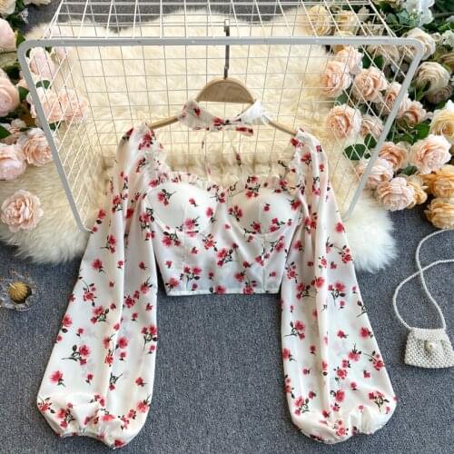 2021 print wooden ear halter neck tie chiffon top Forest sweet floral puff sleeve short waist shirt