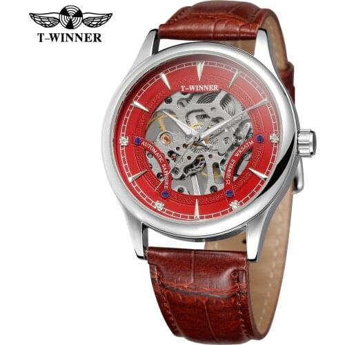 T-WINNER Fashion casual magnificent mens watch red dial silver case brown red leather strap automatic mechanical watch