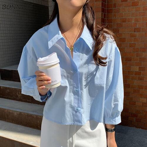 Shirts Women Lantern Nine Quarter Sleeve Pocket Crop Casual Office Elegant Single Breasted Loose Comfort Clean Students Basic
