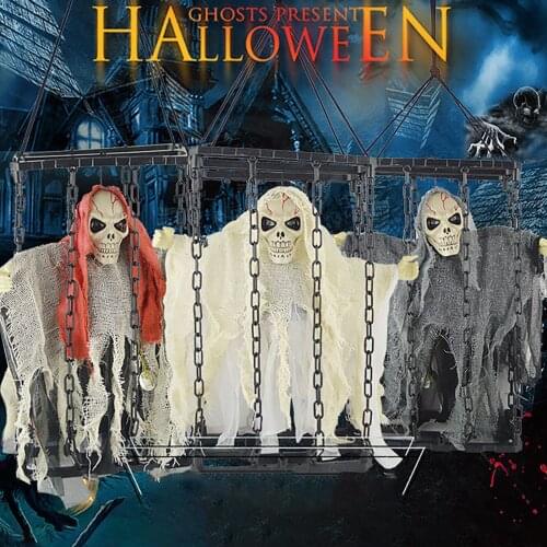 Halloween Decoration Induction Skeleton Skull Death Prisoner Eyes Glowing Scary Screaming Cage Ghost Scene Hanging Props