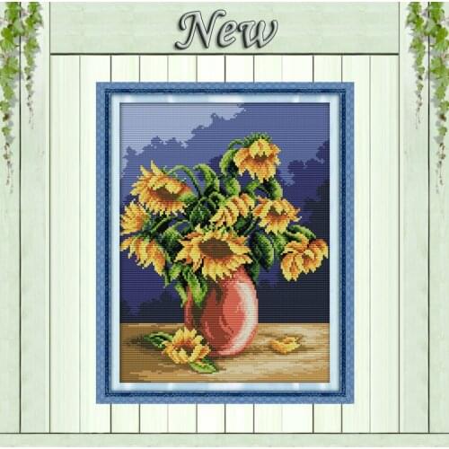 Sunflower vase,Pattern printed on canvas DMC 11CT 14CT Cross Stitch kit,needlework Set all for embroider,Beautiful Flower potted