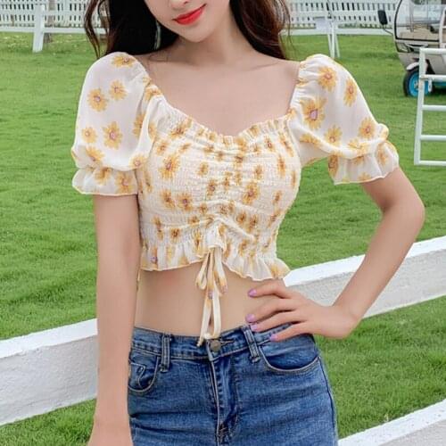 2021 New Womens Floral Print Short Sleeve Summer Slash Neck Sexy Sweet Pleated Shirt Tops