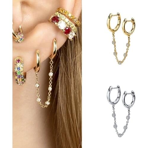 925 Silver Ear Buckle Double Small Hoop Long Gold Chain Earrings for Women Crystal CZ Huggie Earring Females Jewelry Accessories