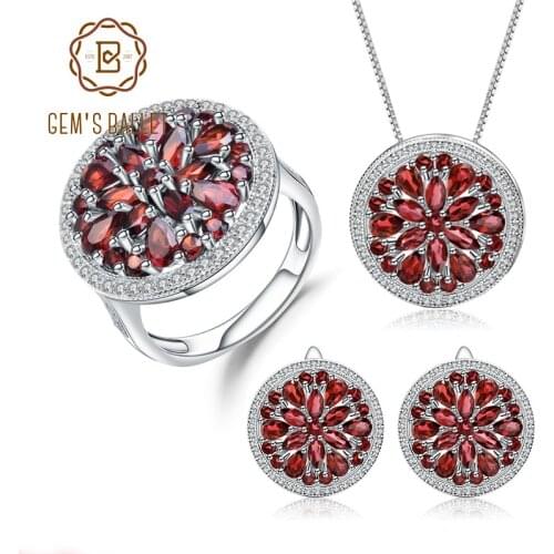 GEMS BALLET 925 Sterling Silver Necklace And Earrings Jewelry Sets For Women Fashion Accessories Red Garnet Pendant Ring Chain