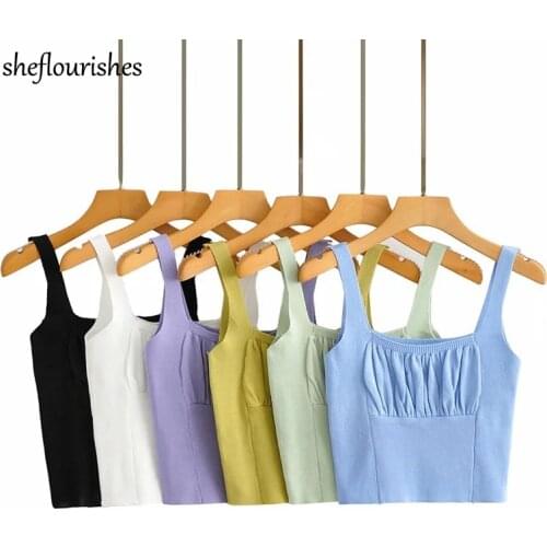 2021 Cropped top women vintage square neck tops summer sleeveless tank top knit ruched tops solid backless crop top white green