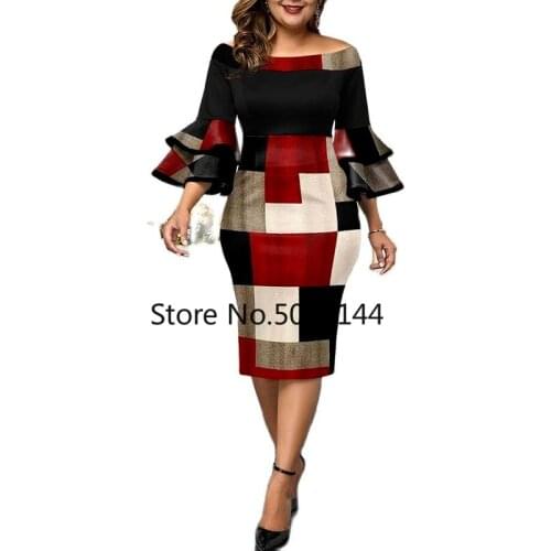 Plus Size Dresses Elegant Geometric Print Wedding Party Dress 2021 Autumn Women Layered Bell Sleeve Chic Evening Prom Dress 5XL