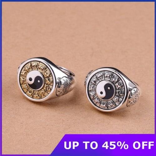 100$ Real 925 Sterling Silver Yinyang Spinner Rings for Men Thai Silver Ring Bagua Engraved Rotatable Feishui Lucky Jewelry