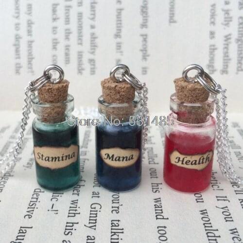 12pcs/lot Stamina, Mana , Health Potion Bottle Necklace Pendant silver tone