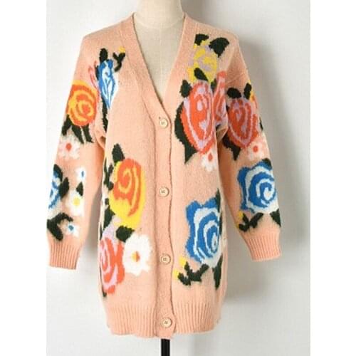 2018 Autumn And Winter New MohairJacquard Sweater flower Sweater Coat Female Hit Color Cardigan Loose Type