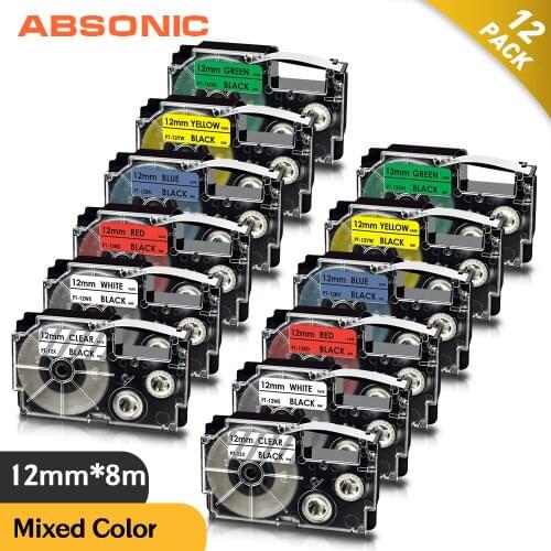 12PK Mixed Set for Casio XR-12X XR-12WE XR-12RD XR-12BU XR-12YW XR-12GN Labeling Tape 12mm*8m Compatible for Casio Label Maker