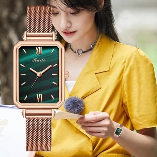 Elegen Brand Women Watches Fashion Square Ladies Quartz Watch Bracelet Set Green Dial Simple Rose Gold Mesh Luxury Women Watches