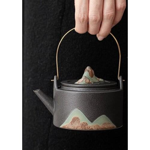Japanese-Style Glaze Painting Color Hand-Painted Mountain Shadow Loop-Handled Teapot Kung Fu Tea Set Tea pot Small Single Pot