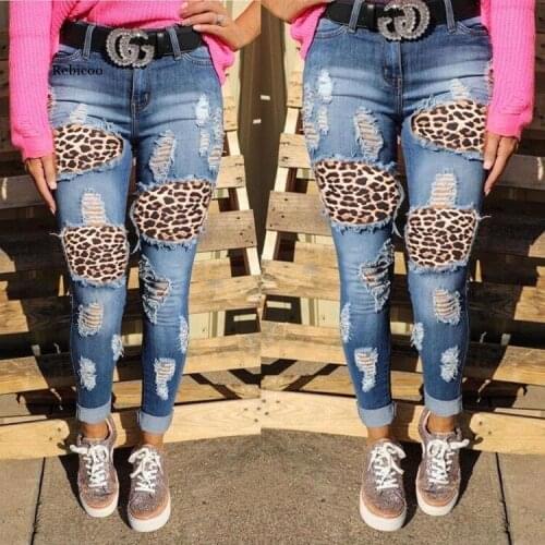 Patchwork Jeans Women Leopard Ripped Jeans Woman Trousers Ladies Femme Fashion Long Denim Pants Pantalones Vaqueros Mujer