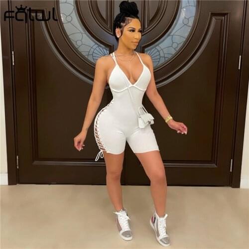 FQLWL Summer Streetwear Bodycon Romper Women Sleeveless Backless White Jumpsuits Outfits Casual Hollow Out Rompers Playsuits