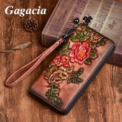 GAGACIA Vintage Womens Wallet Genuine Leather Floral Embossed Individuality Chinese Style Purses For Female Cards Coin Holder