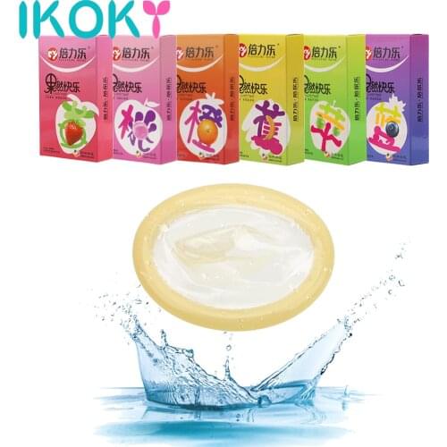 IKOKY 10 Pcs/Box Sex Toys for Men Ejaculation Delayed Ultra Thin 6 Kinds Fruit Smooth Cock Condom Lubricated Condoms