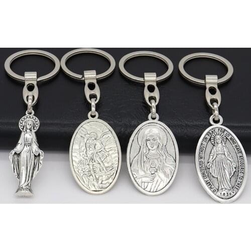 HeyMamba Catholic Jesus Virgin Mary Charm Pendant Angel Saint Benedict Crucifix Statue Keychain Religious Church Souvenir Gift