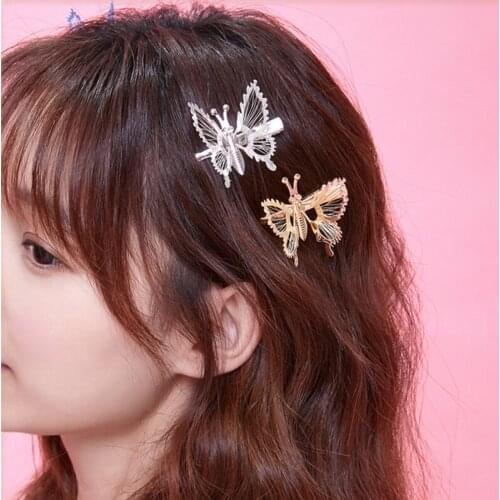 Korea Bangs Clip Simulation Hollow Butterfly Hairpin for Women Girls Headdress Rhinestone Duckbill Clip Holding Hair Accessories