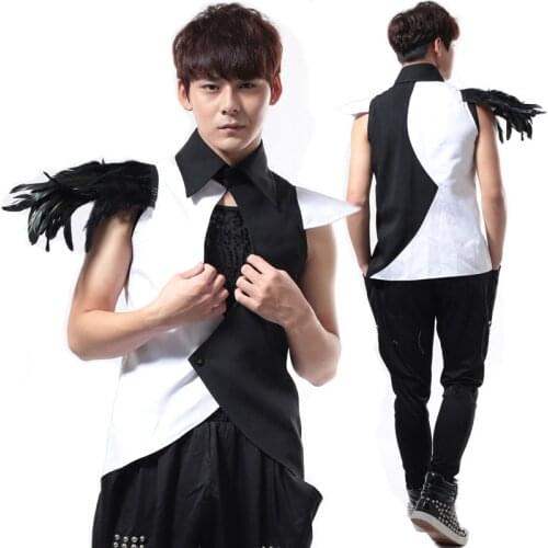 Cool Singers Stage Costume Men Feather Vest Jacket Dj Costume Punk Clothing Man Performance Wear GoGo Dancer Costume BL2093