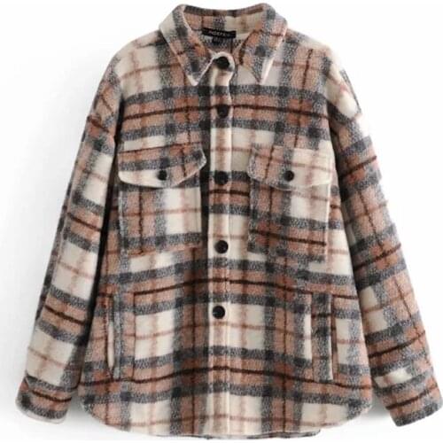 British Style Retro Plaid Lapel Long Sleeve Fashion Woolen Shirt Jacket Womens Spring And Autumn Models