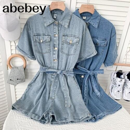 Fashion turn-down collar short sleeve Rompers high waist lace up waist single breasted casual wide leg Rompers 2021 New Summer