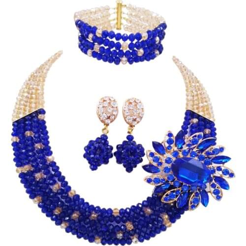 Fashion Champagne Gold AB Royal Blue Costume Statement Necklace Nigerian Wedding African Beads Jewelry Set Crystal 5L-ZJ026