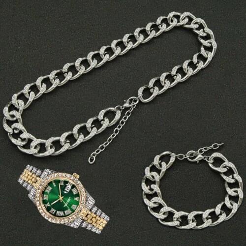 3pcs Kit 16MM Hip Hop Full Iced Out Paved Rhinestone Choker Miami Adjustable Cuban Necklace+Watch+Bracelet For Men Women Jewelry