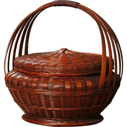 Chinese Style Handmade Bamboo Woven Hand Basket with Lid Fruit Retro Egg Xi Box Wedding Storage Tea Picnic Food Container