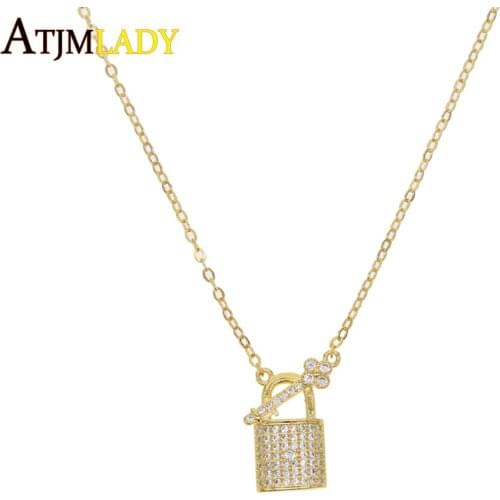 Gold filled fashion statement female AAA cubic zirconia paved plain lock key charm delicate simple layer luxury women necklace