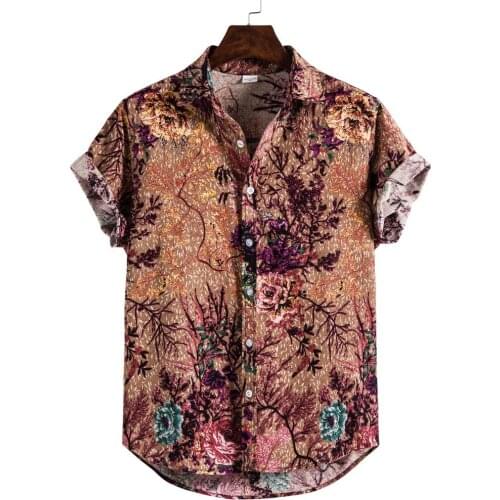 Men Shirt Vintage Ethnic Print Turn Down Collar Short Sleeve Loose Colorful Hawaiian Casual Shirt Streetwear Chemise Camisas New